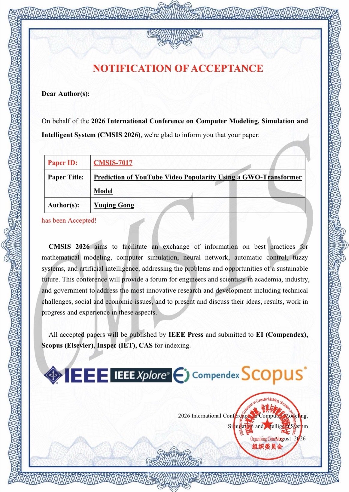 CMSIS 2026 letter of acceptance for paper CMSIS-7017