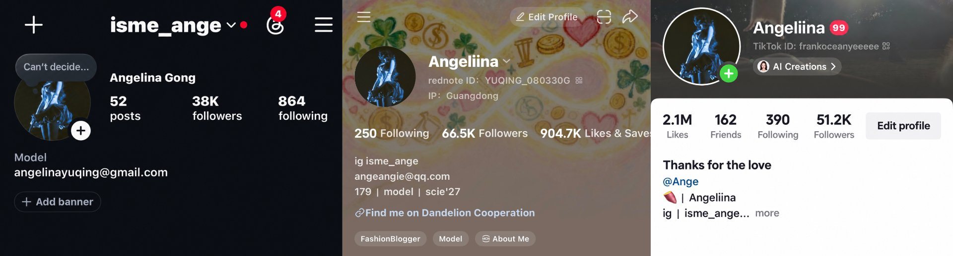 Account overviews: Instagram 38K followers, Xiaohongshu 66.5K followers, TikTok 51.2K followers