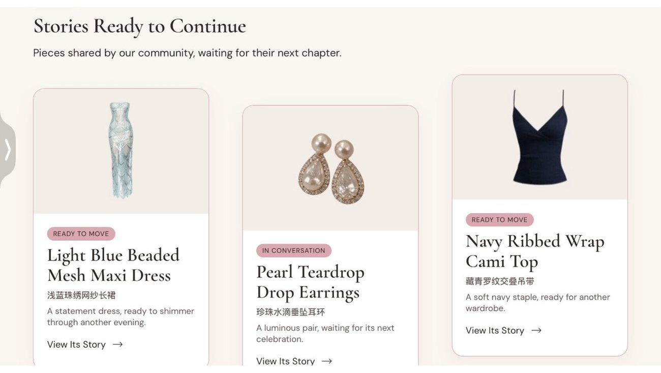 Angie’s Wings listings page showing donated pieces with their stories